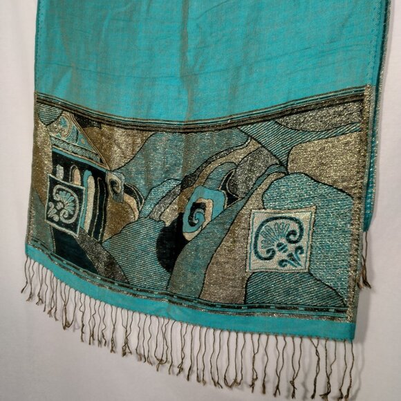 Cashmere Scarf Woven Turquoise Blue Black Metallic Gold Design Fringe Artsy Wrap - Picture 7 of 16